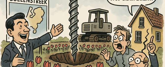 Aardwarmte in de bollenstreek warmtenet bollenstreek aardwarmte risico, cartoon warmtenet, bollenveld met boormachine en bezorgde bewoner-Noordwijk-Sassenheim-Bollenstreek-Lisse