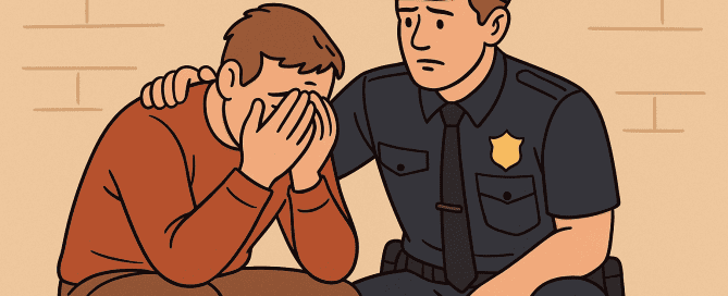 Blauw in de vuurlinie Cartoon van een politieagent die een burger troost – menselijkheid achter het uniform-digitale druktemaker- politie