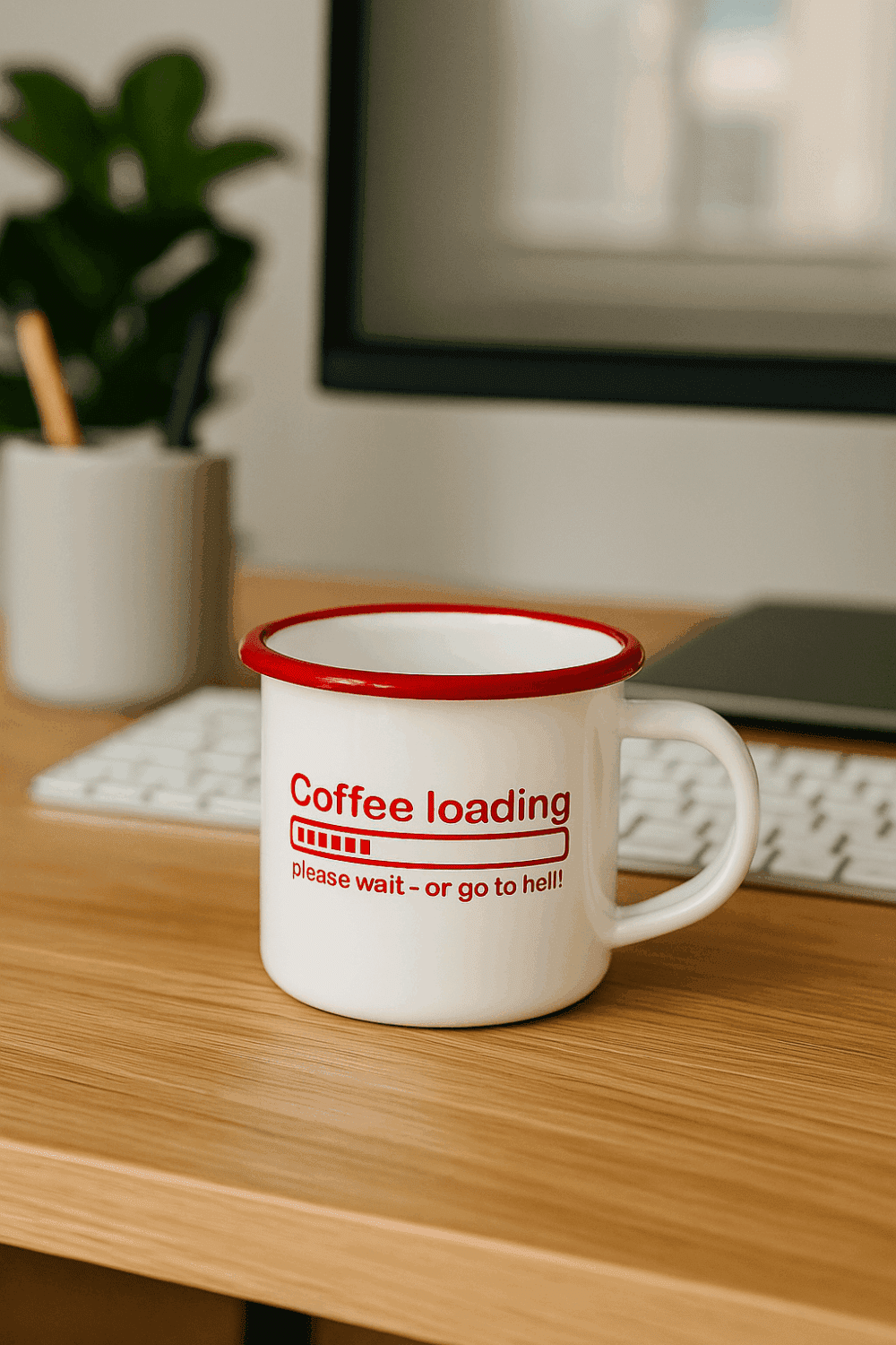 Emaille mok met coffee loading tekst-Emaille mok bedrukken-Emaille mok cadeau-Emaille mok printen-Emaille mok -Digitaledruktemaker.nl-personaliseerde cadeaupersonaliseren-Emaille mok camping-Emaille mok rood