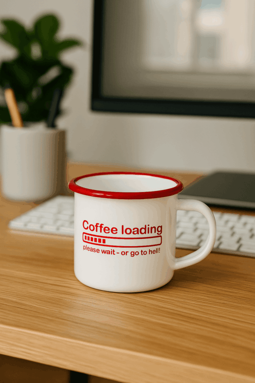 Emaille mok met coffee loading tekst-Emaille mok bedrukken-Emaille mok cadeau-Emaille mok printen-Emaille mok -Digitaledruktemaker.nl-personaliseerde cadeaupersonaliseren-Emaille mok camping-Emaille mok rood