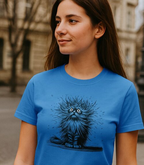 blauwe dames tshirt met katten print-dames shirt-t shirt bedrukken-shirt bedrukken-shirt met print-evelinemeijvogel.nl-personaliseerde cadeau-kat shirt