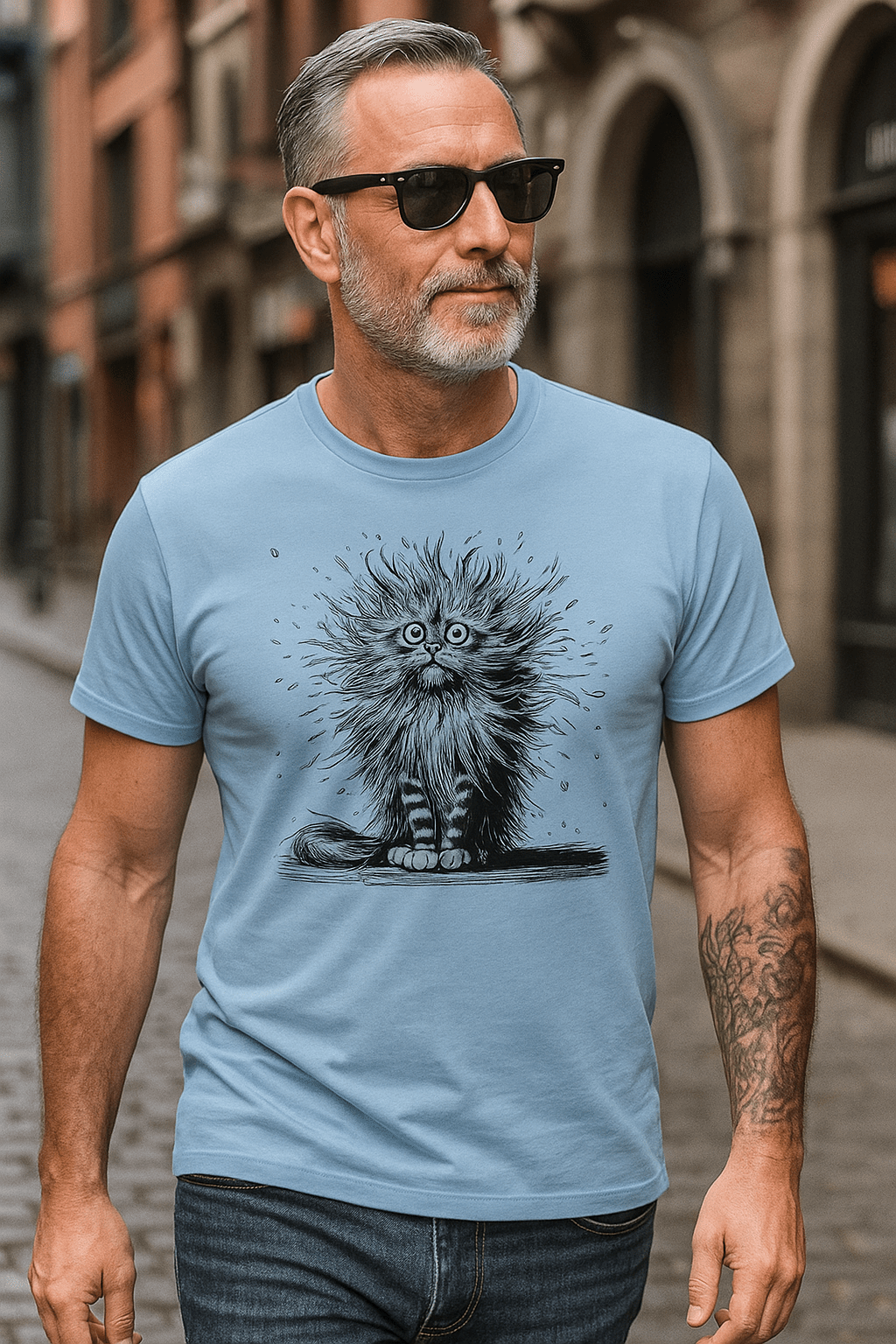 blauwe heren shirt met katten print-shirt bedrukken-shirt met print-t-shirt met tekst heren-Digitaledruktemaker.nl-personaliseerde cadeau