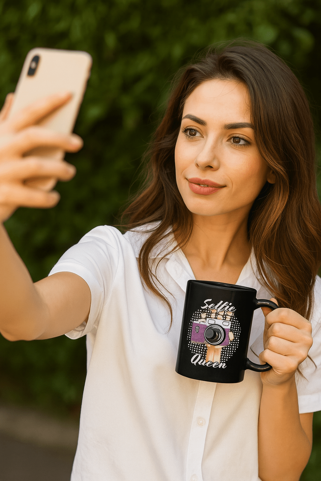 zwarte mok met een selfie illustratie en naam