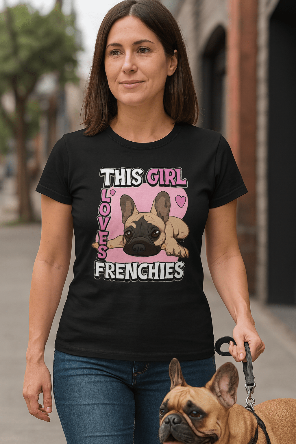 Mooi Franse Bulldog illustratie op zwarte dames shirt