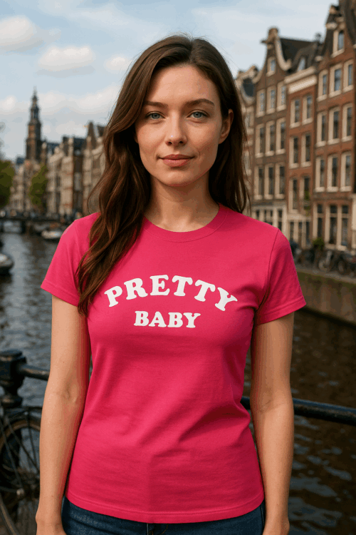 roze dames t-shirt met pretty woman tekst-eveline meijvogel-shirt bedrukken-shirt bedrukken per 1 stuk-dames shirt bedrukken-t-shirt met tekst