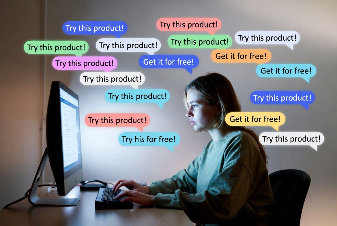 een verveelde influencer die online om tips vraagt, in de hoop op gratis producten