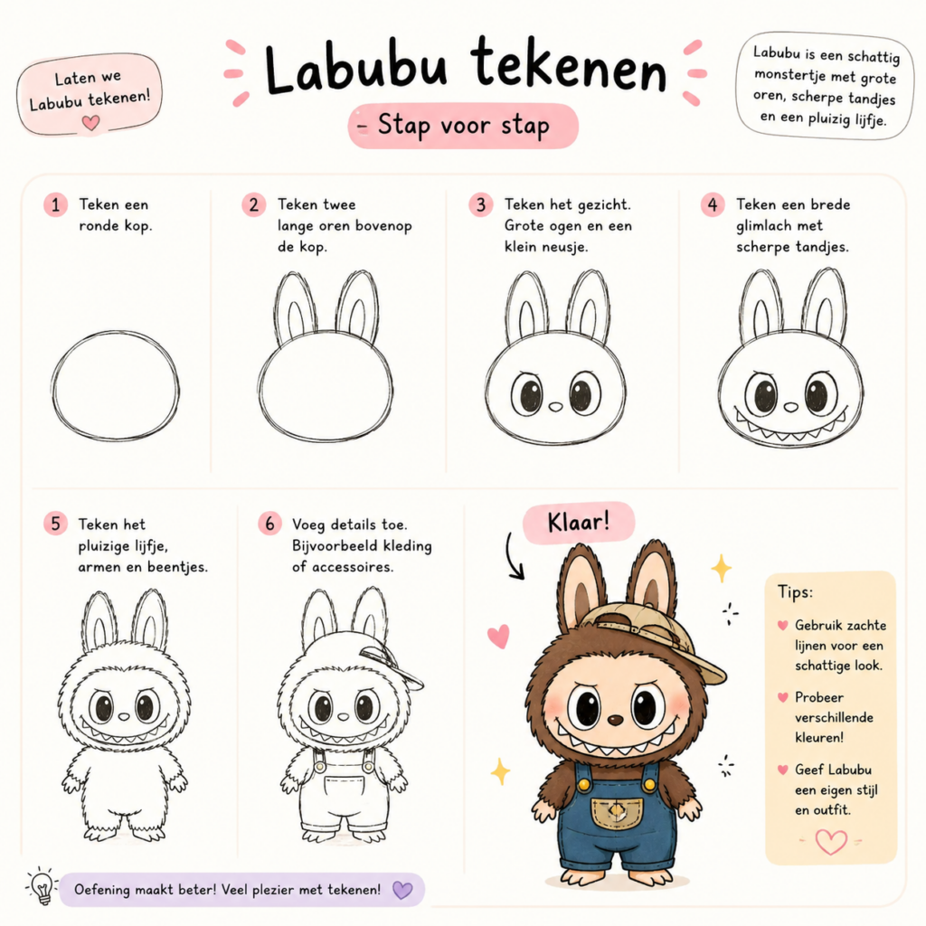 Labubu tekenen makkelijk in stappen -labubu tekenen-eveline meijvogel-evelinemeijvogel.nl-labubu tekenen