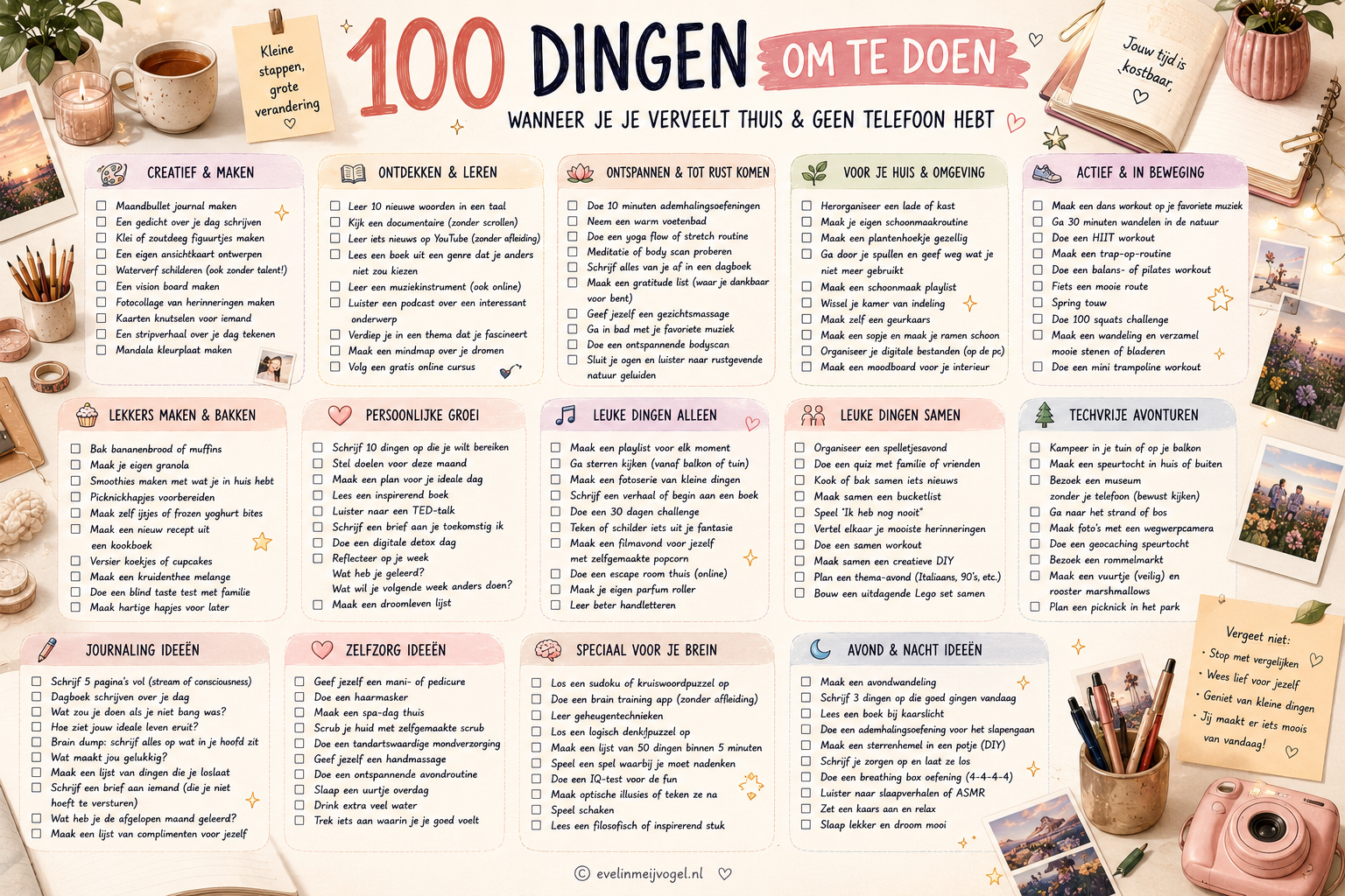 leuke dingen om thuis te doen- creatieve hobby’s thuis, selfcare ideeën, schermtijd verminderen, telefoonvrije activiteiten, mentale rust krijgen, creatieve dingen om te doen, pinterest ideeën thuis-eveline meijvogel