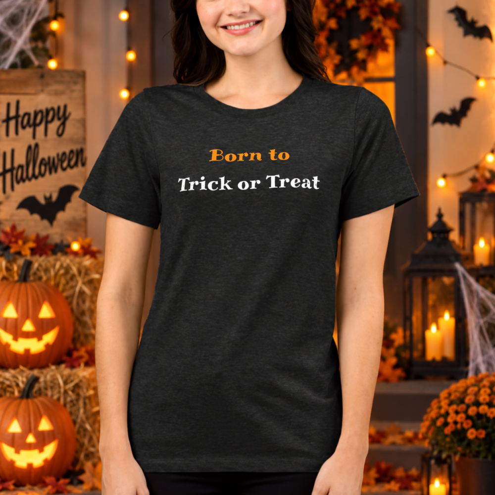 trick or treat woman black tri blend shirt- pink dramatic